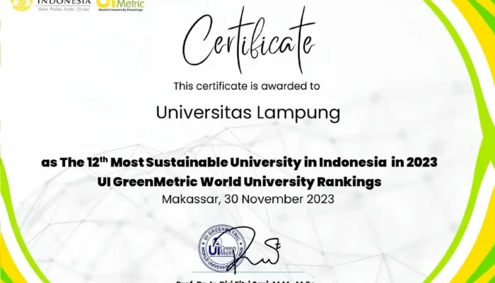 Unila Raih Posisi Ke-12 dalam Ranking Perguruan Tinggi Berkelanjutan Terbaik di Indonesia Menurut UI Greenmetric Tahun 2023